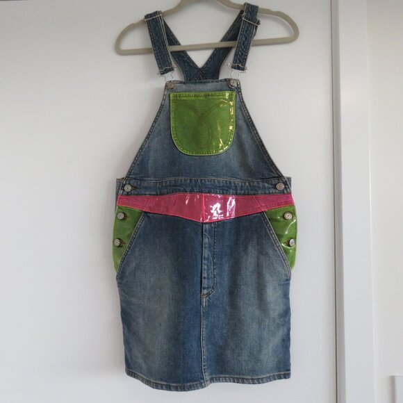 JEREMY SCOTT X MOSCHINO Neon Applique Denim Overall Dress Avant Garde Size US 6 - Picture 3 of 15